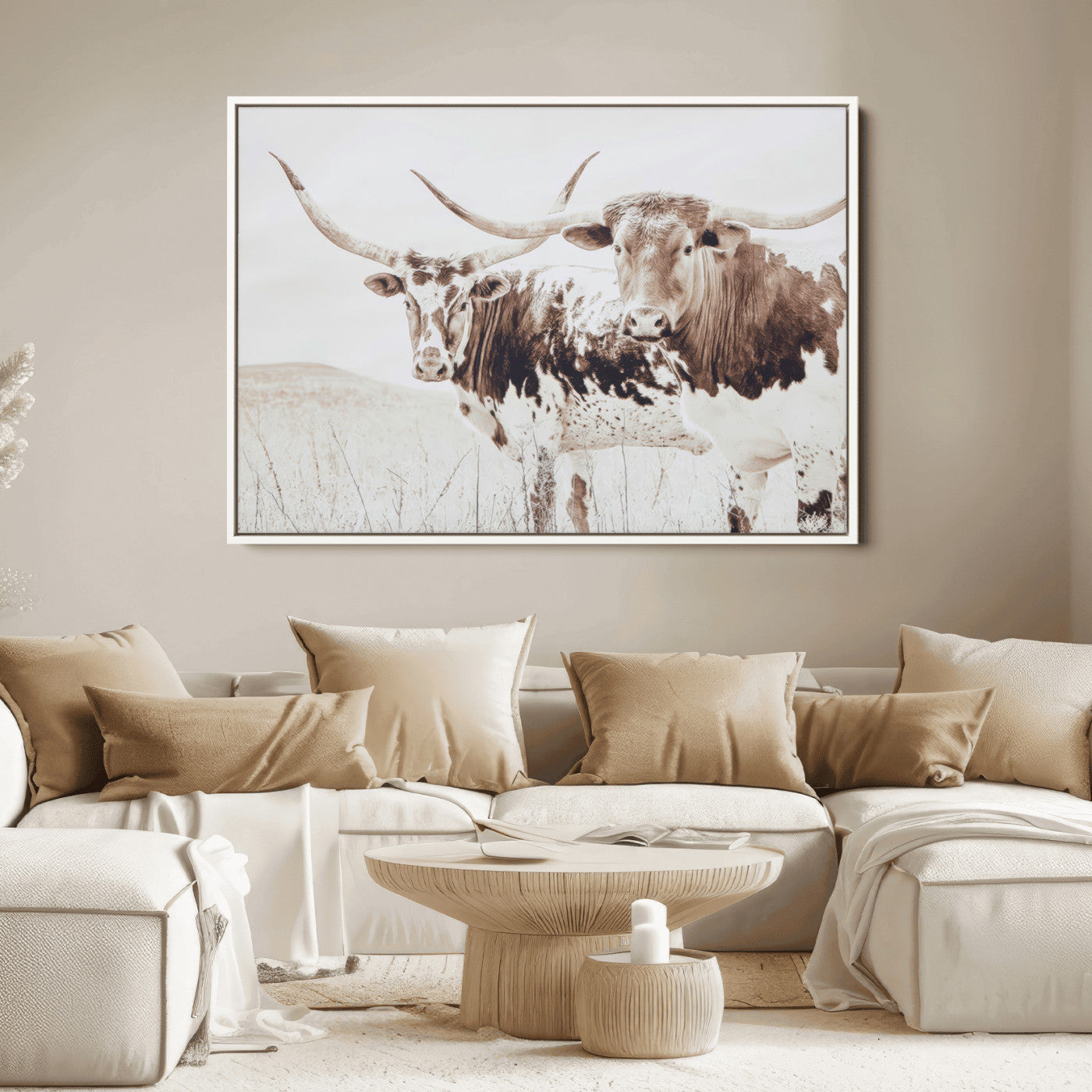 Two longhorn cows standing in a sepia-toned pasture with soft light, ideal for rustic or farmhouse-themed neutral wall decor.