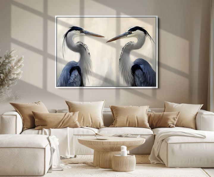 Blue Heron Pair Art Canvas Print, Coastal Bird Theme Print, Framed Tranquil Wildlife Scene Art Print, Large Nature Inspired Decor