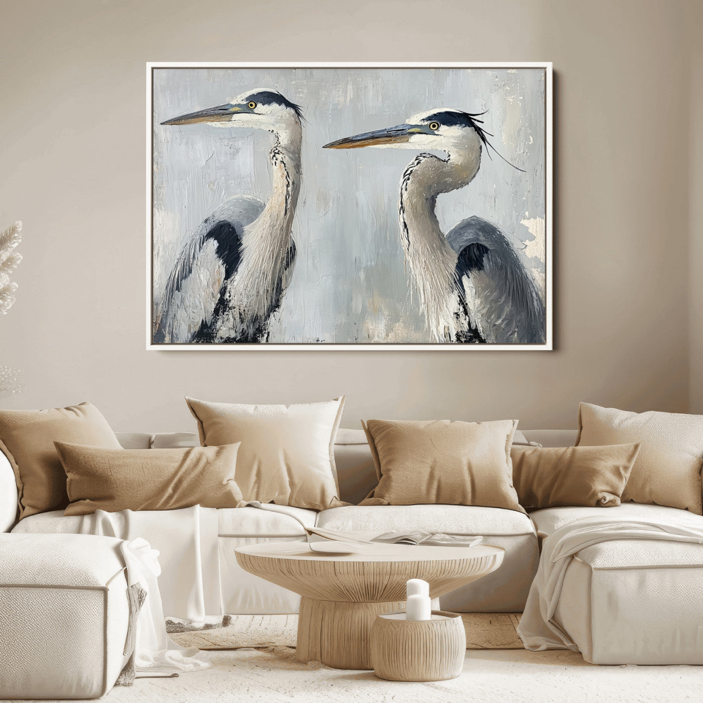 Two elegant herons in profile with soft brush strokes and blue-grey tones, ideal for serene, coastal, or minimalist interior decor.