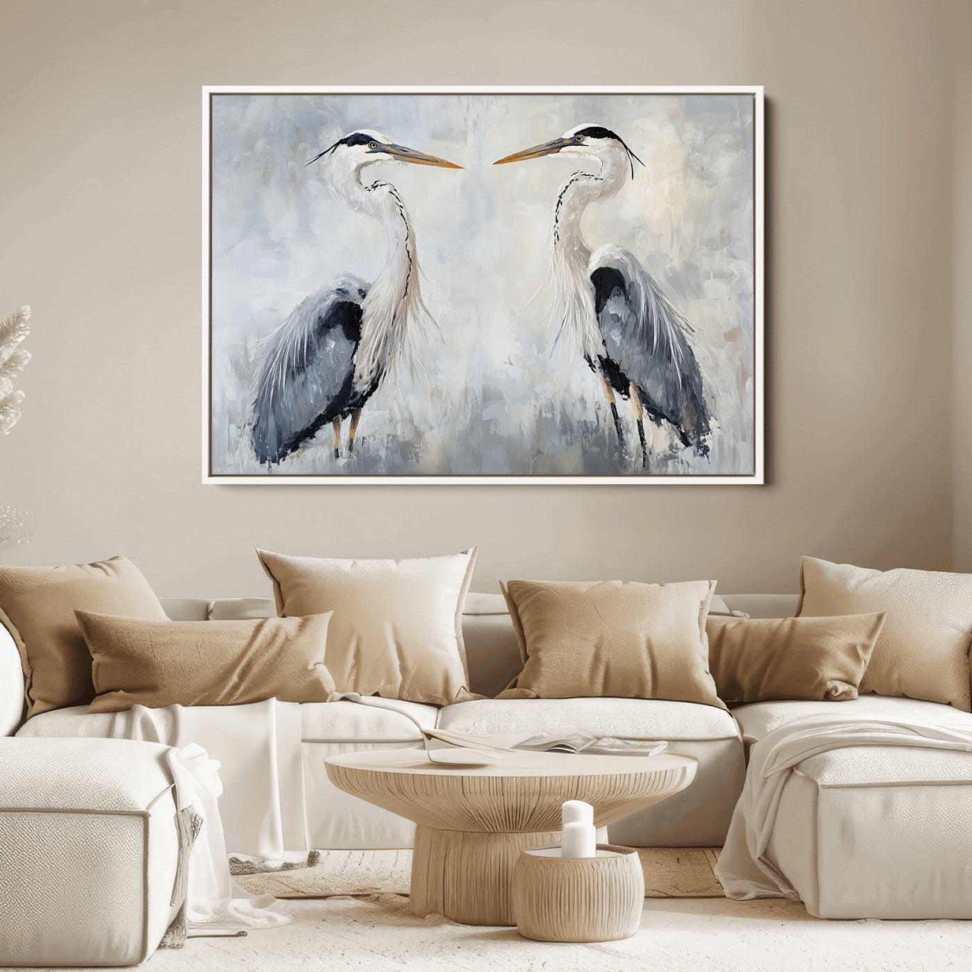 Two herons facing each other on a soft-toned background with blue-grey feathers, perfect for tranquil, coastal or nature-themed interiors.