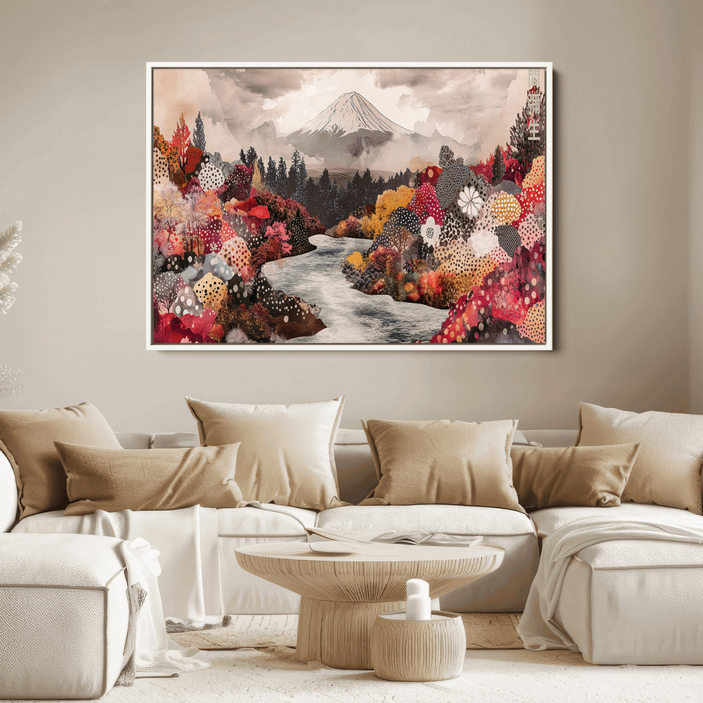 A whimsical mountain landscape with floral autumn trees, river, and misty peak, ideal for cozy, cottagecore, and nature-inspired wall decor.