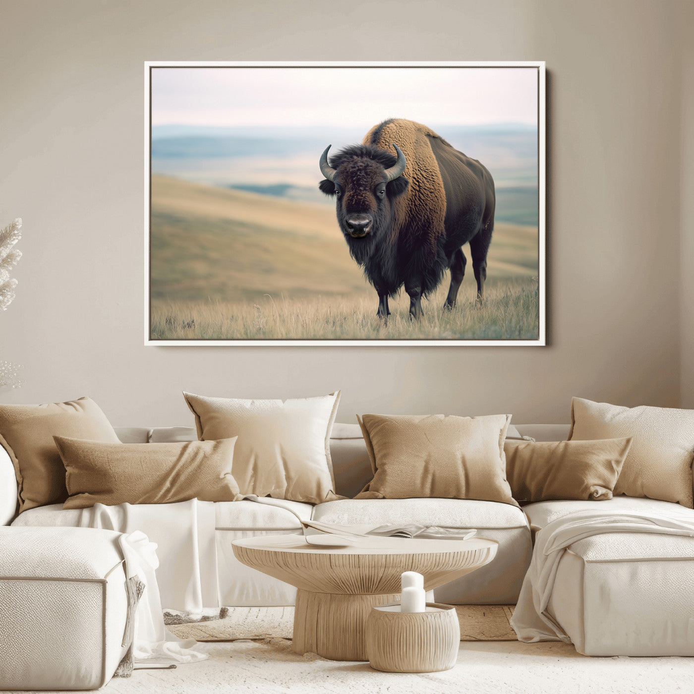 A bison standing strong on a grassy prairie with rolling hills in the background, perfect for rustic and Western-inspired wall decor.