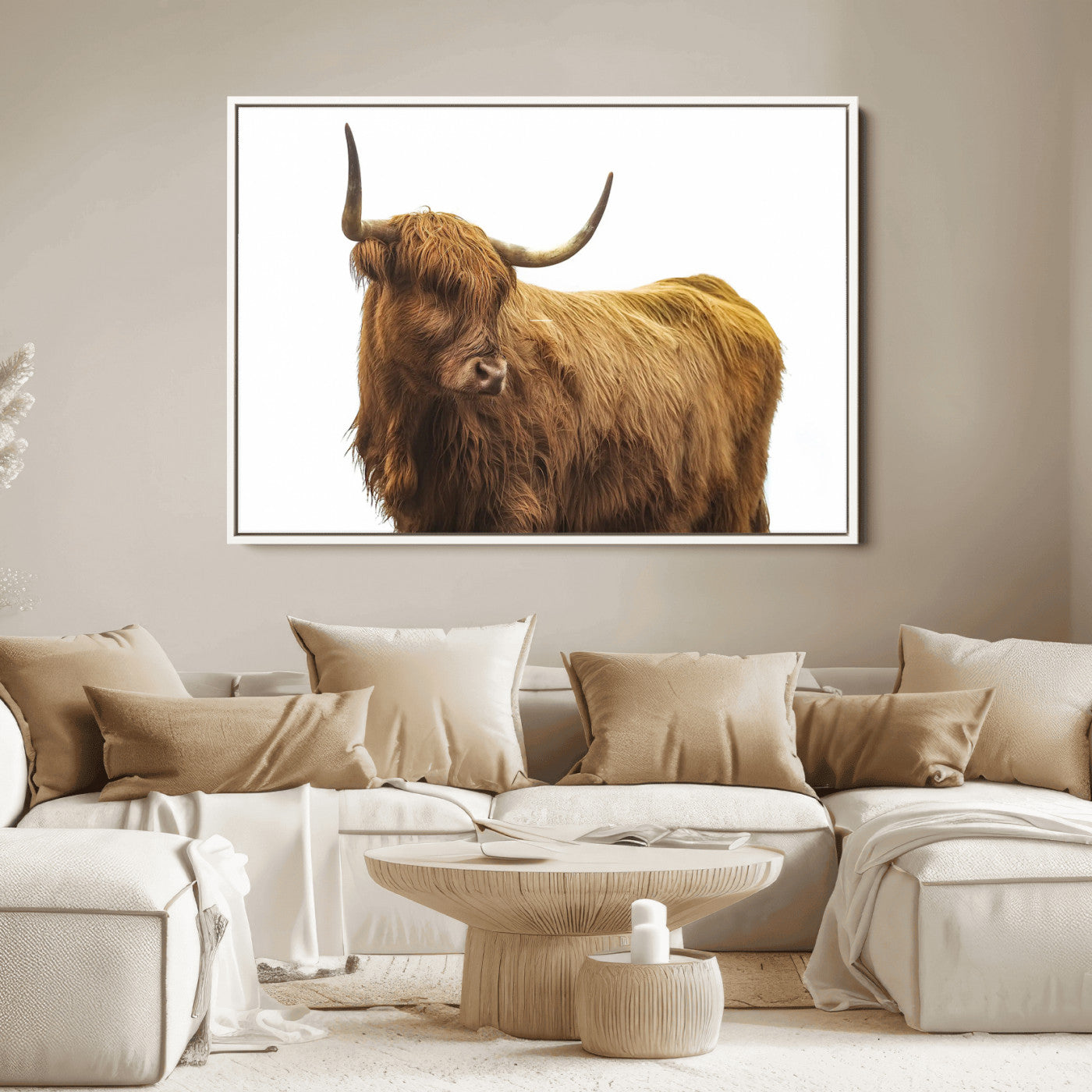 A highland cow with long horns and shaggy fur standing calmly, isolated on white background, ideal for rustic or farmhouse wall decor.