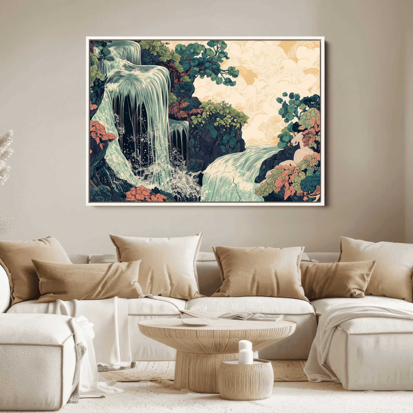 Stylized waterfall flowing through rocky terrain and lush foliage in an oriental art style, ideal for peaceful and nature-themed interiors.