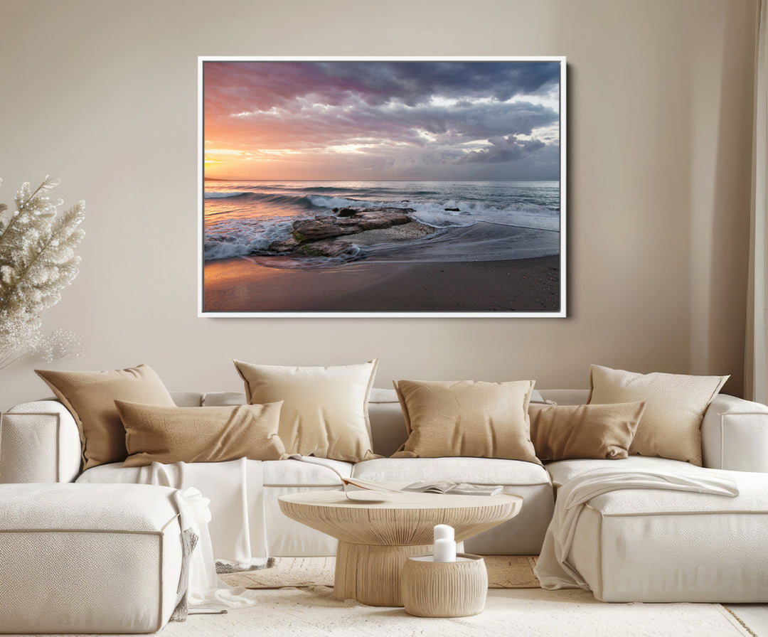 Golden Hour Wall Art Canvas Print, Framed Tranquil Waves Art Picture Print, Beach Perfect Coastal Serenity Decor Artwork
