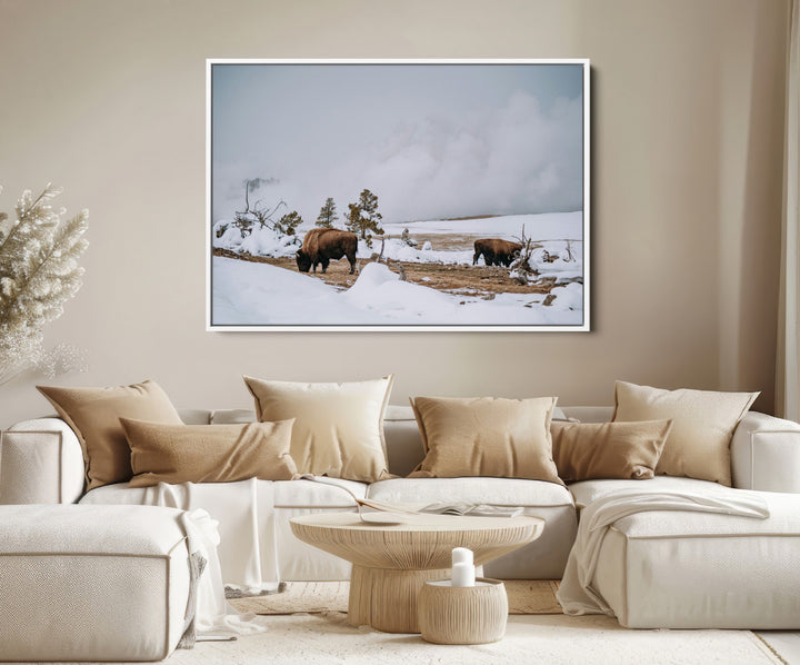 Bison Wildlife Wall Art Canvas Print, Framed Snowy Prairie Art Picture Print, Western Perfect Rustic Decor Artwork