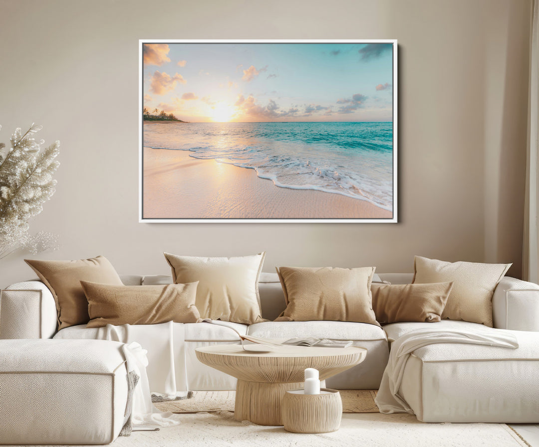 Beach Sunset Wall Art Canvas Print, Framed Ocean Waves Art Picture Print, Summer Escape Perfect Coastal Decor Artwork