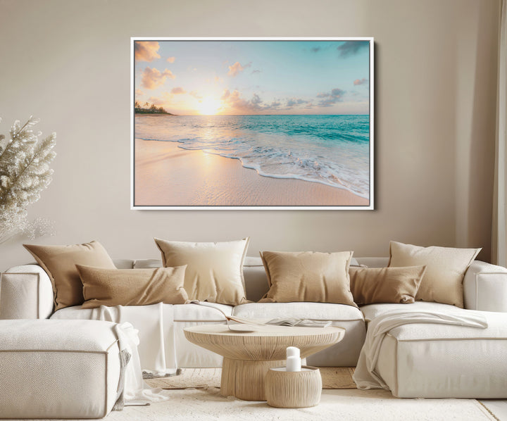 Beach Sunset Wall Art Canvas Print, Framed Ocean Waves Art Picture Print, Summer Escape Perfect Coastal Decor Artwork
