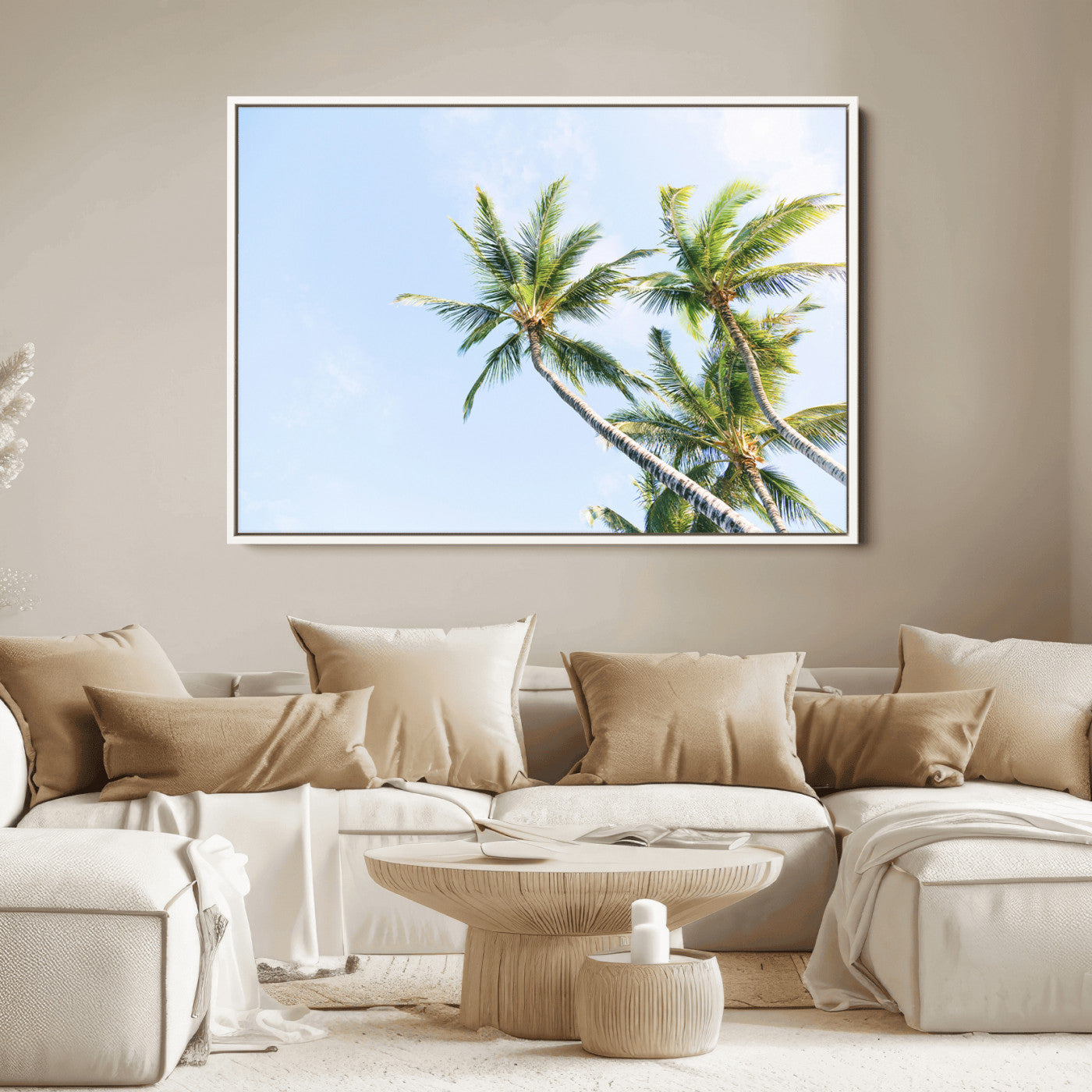 Tall palm trees swaying under a bright blue sky, capturing a tropical and minimalist beach vibe, perfect for coastal-inspired wall art.