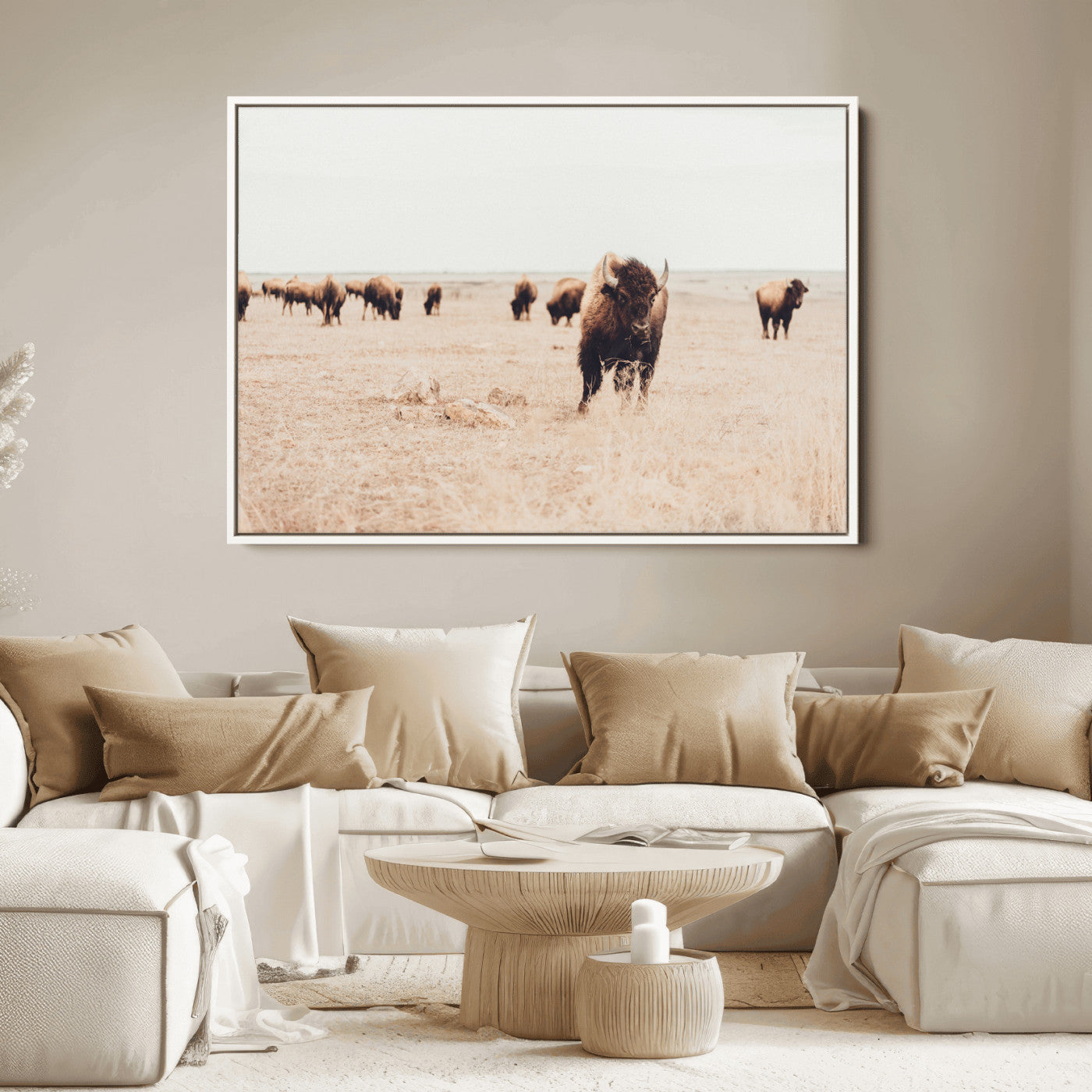 Herd of bison roaming a vast prairie with golden grass under a soft sky, creating a rustic and Western landscape, ideal for wall art.
