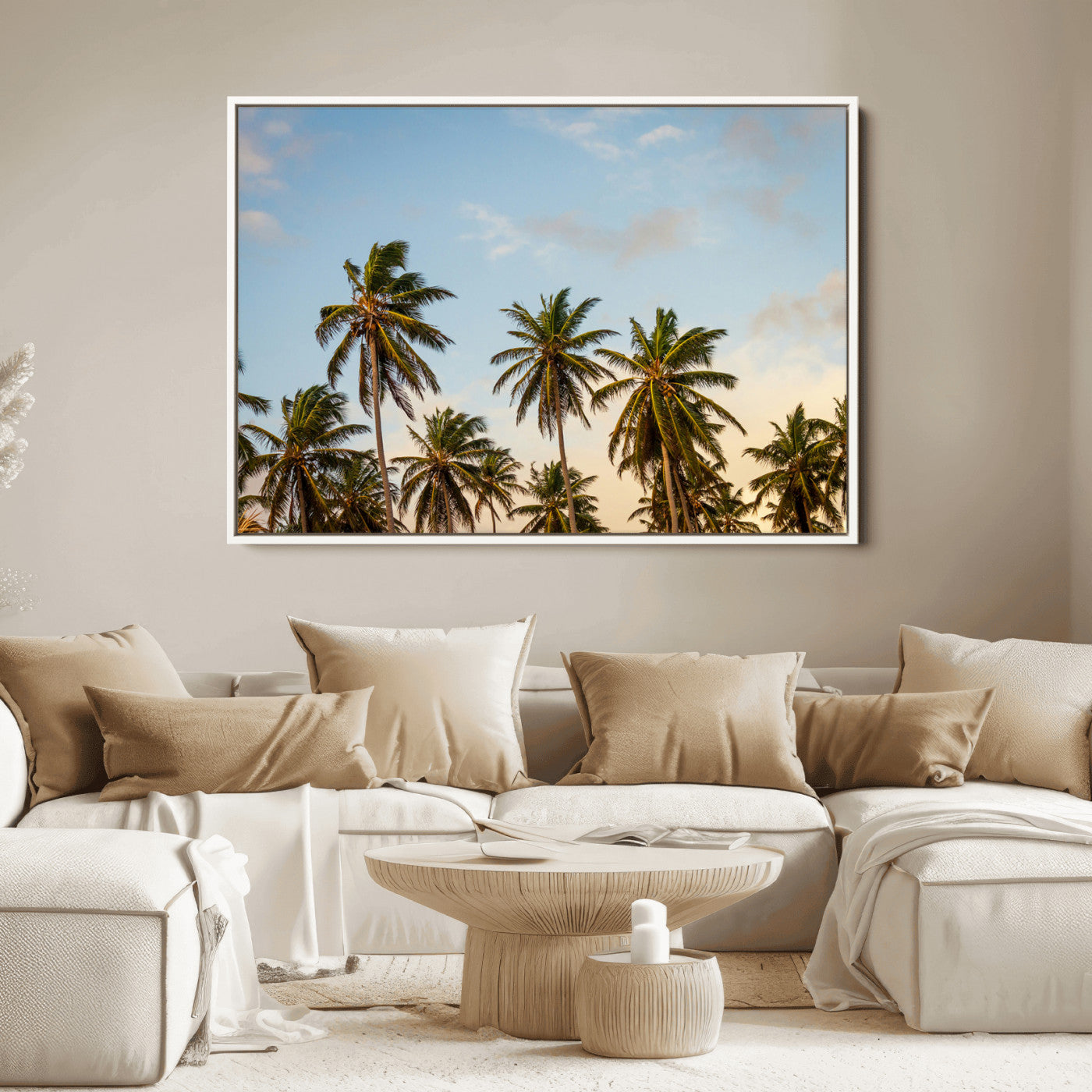 Tall palm trees swaying under a soft sunset sky, creating a tropical and relaxing atmosphere, perfect for coastal and beach-inspired wall art.