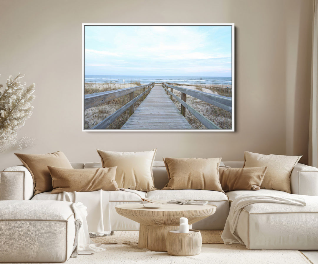 Beach Boardwalk Wall Art Canvas Print, Framed Coastal Serenity Art Picture Print, Ocean View Perfect Coastal Decor Artwork