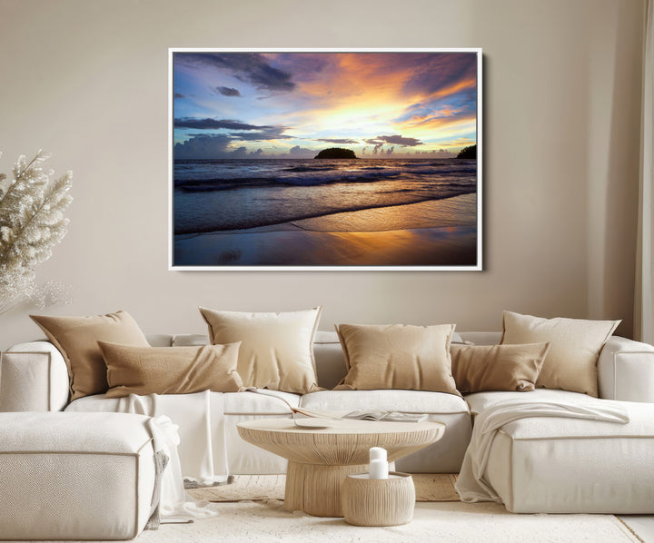Beach Sunset Wall Art Canvas Print, Framed Ocean Waves Art Picture Print, Tropical Seascape Perfect Coastal Serenity Decor Artwork