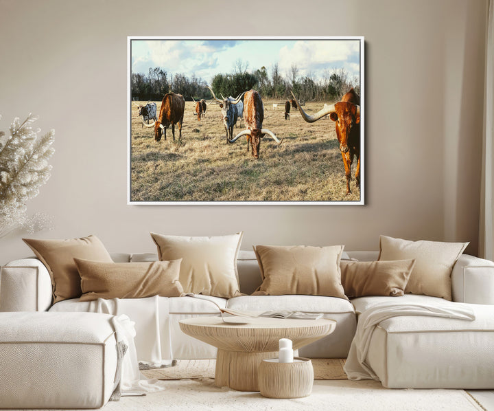 Texas Longhorns Wall Art Canvas Print, Framed Rustic Farm Scene Art Picture Print, Western Cattle Print Canvas Perfect Rustic Farmhouse