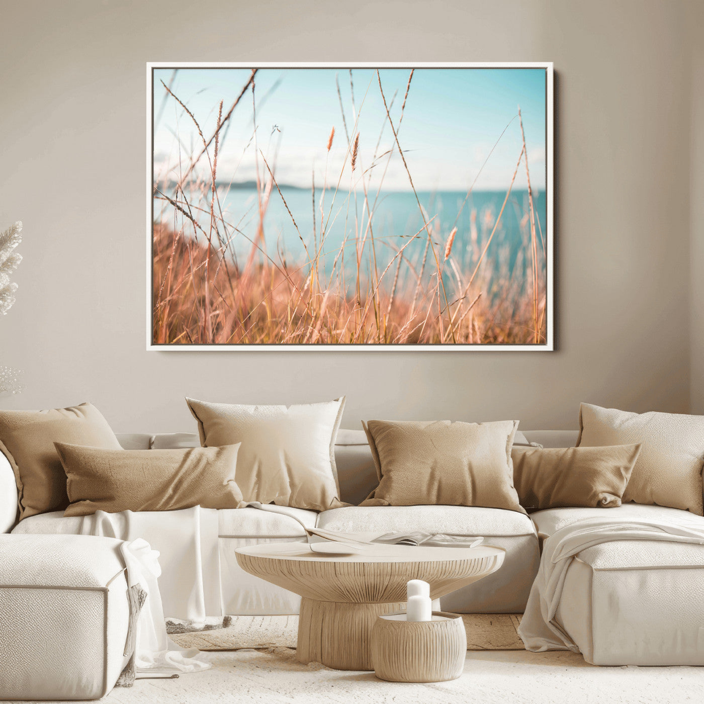 36108696-MGV-FC-36X24_White-Golden Beach Grass Ocean Breeze Soft Focus Tranquil Coastal Calm Blue Sky Seascape Nature Wall Art Canvas Print