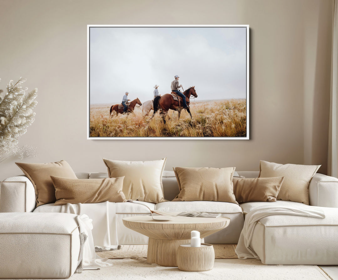 Western Cowboys Wall Art Canvas Print, Framed Rustic Prairie Art Picture Print, Horseback Riding Print Canvas, Perfect Rustic Western Decor