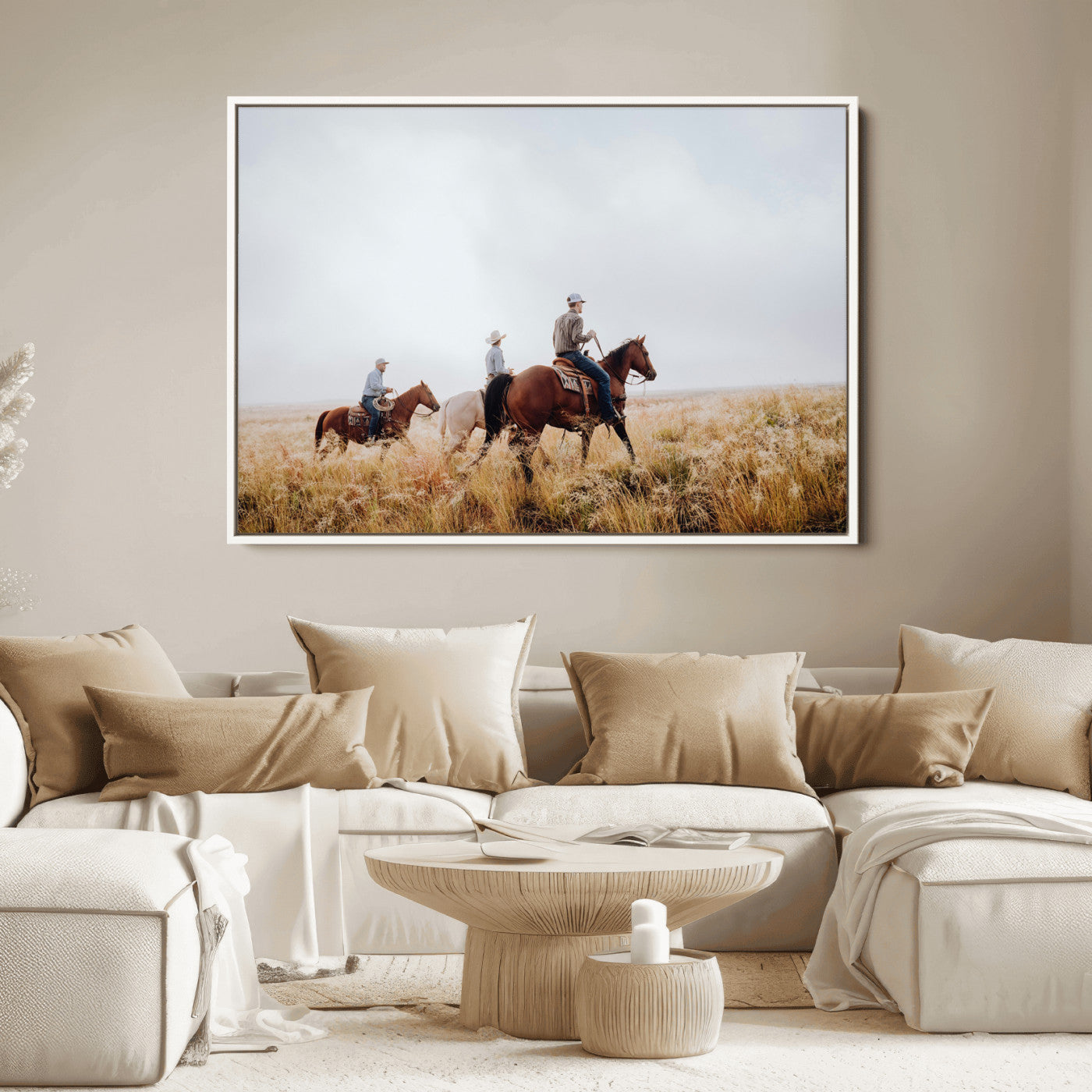 Three cowboys riding horses through a foggy prairie landscape, dressed in Western attire, evoking a rustic and adventurous Wild West aesthetic.