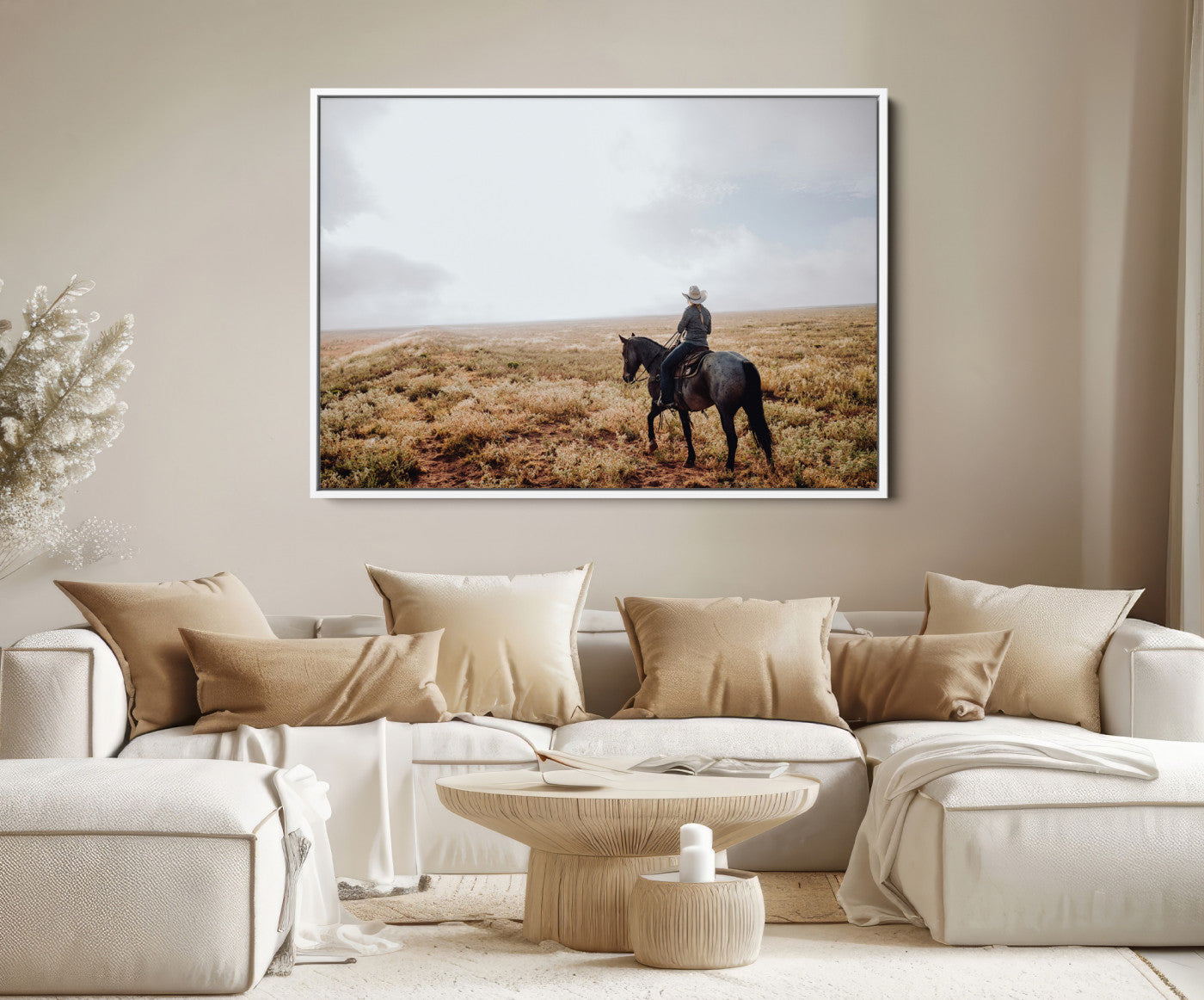 57597730-MGV-FC-36X24-Cowboy Wall Art Canvas Print – Framed Western Rustic Ranch Scene Country Landscape Artwork for Home Office