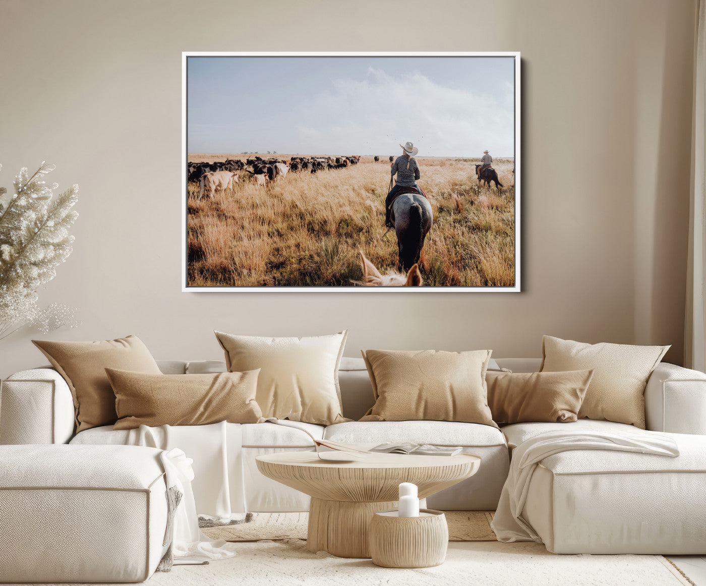 22431577-MGV-FC-36X24-Western Wall Art Canvas Print – Framed Cowboy Cattle Drive Scene Rustic Ranch Landscape Artwork for Home Office