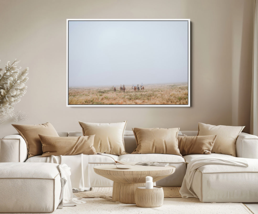 Foggy Plains Wall Art Canvas Print, Framed Horseback Riders Art Picture Print, Rustic Western Perfect Rustic Western Decor Artwork