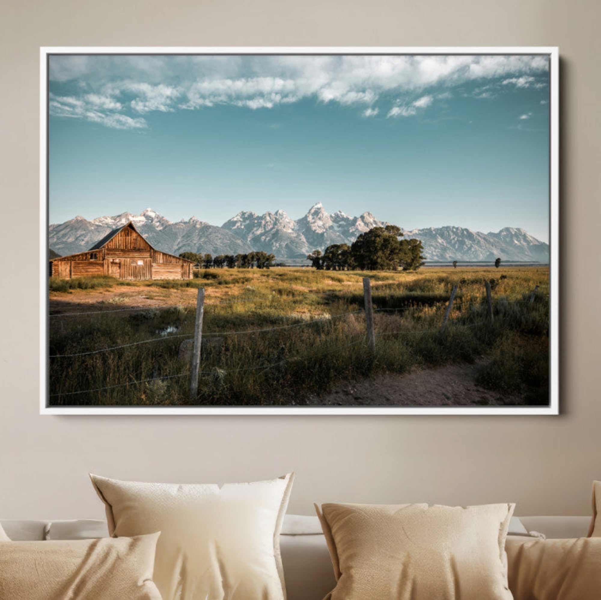 92497443-MGV-FC-36X24-Rustic Farmhouse Wall Art Canvas Print – Framed Mountain Cabin Western Landscape Scene Artwork for Home Office