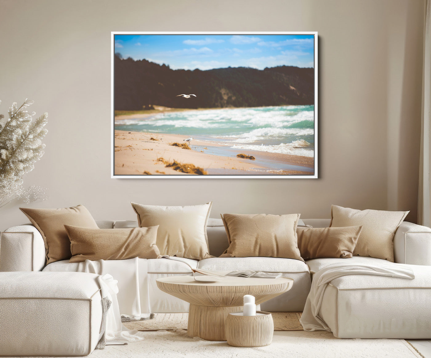 84260965-MGV-FC-36X24-Tranquil Beach Scene Wall Art Canvas Print – Framed Blue Ocean Waves Sandy Shore Coastal Nature Artwork for Home Office