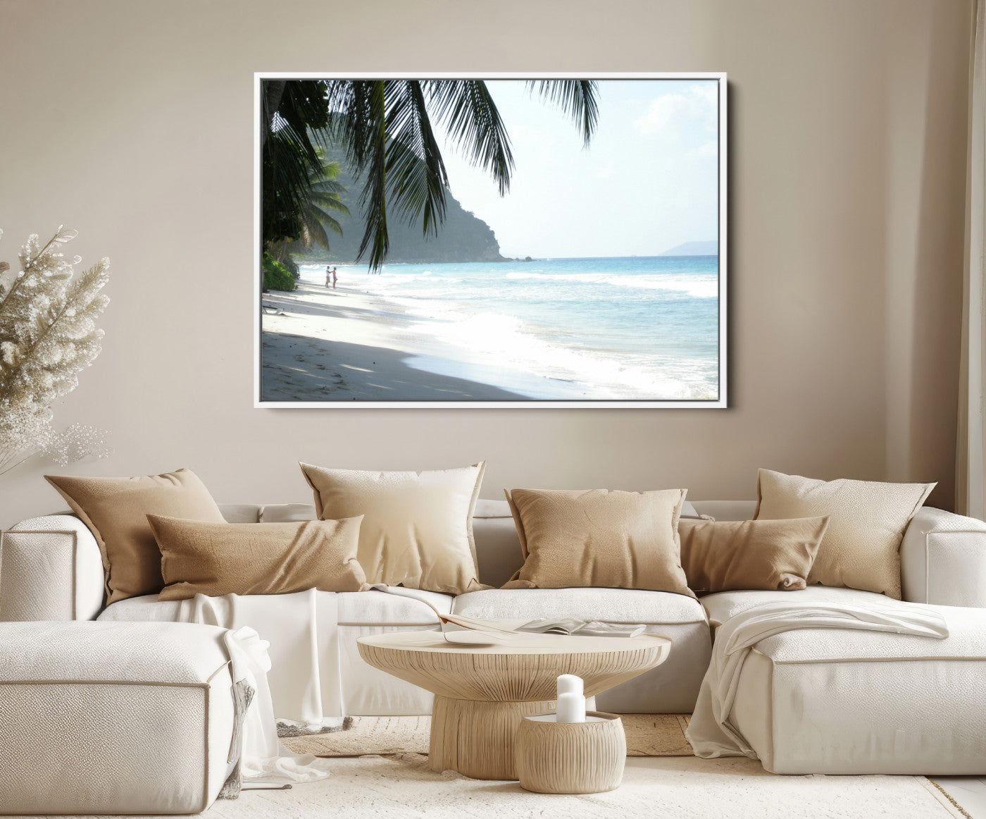 18311030-MGV-FC-36X24-Tropical Beach Wall Art Canvas Print – Framed Serene Ocean Scene Palm Tree Shadows Coastal Nature Artwork for Home Office