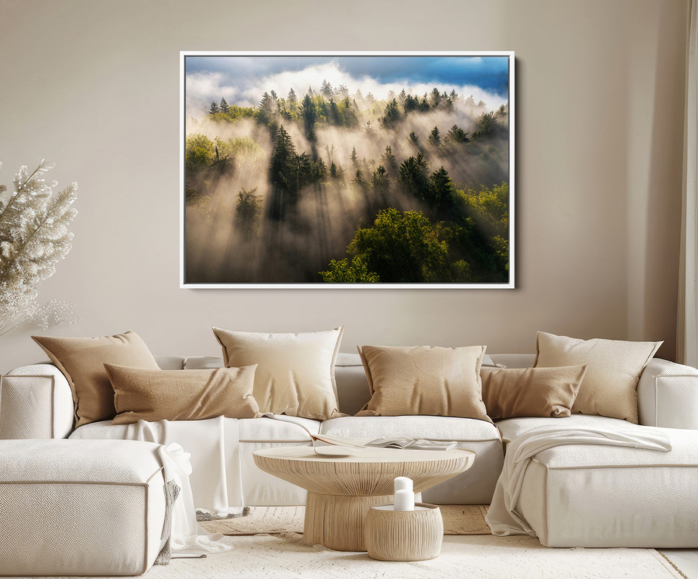 14785710-MGV-FC-36X24-Tranquil Forest Scene Wall Art Canvas Print – Framed Moody Sunbeam Through Trees Nature Artwork for Home Office