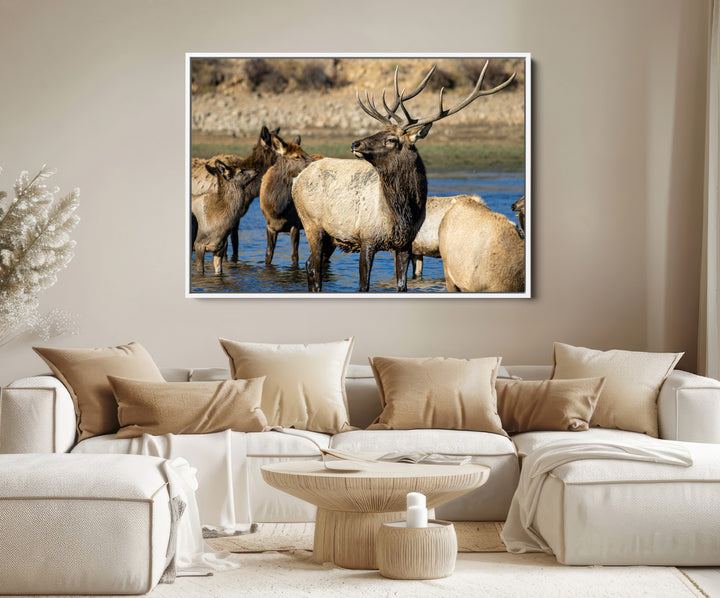 Wild Elk Photography Wall Art Canvas Print, Framed Neutral Wildlife Scene Art Picture Print, Rustic Animal Print Perfect Rustic Farmhouse