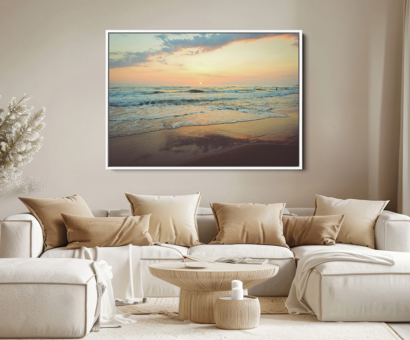 15261505-MGV-FC-36X24-Sunset Seascape Wall Art Canvas Print – Framed Pastel Ocean View Tranquil Beach Scene Nature Artwork for Home Office
