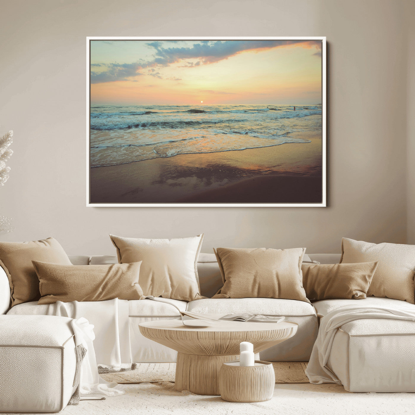 Warm sunset over gentle ocean waves with pastel sky and reflections on wet sand, creating a calm and soothing beach ambiance.
