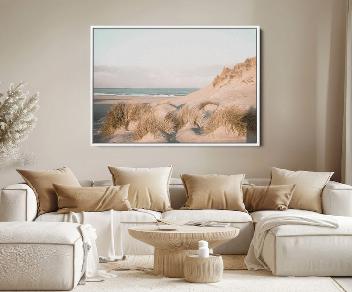 Minimalist Seascape Wall Art Canvas Print, Framed Neutral Beach Print Art Picture Print, Sand Dune Photography Perfect Scandinavian Coastal