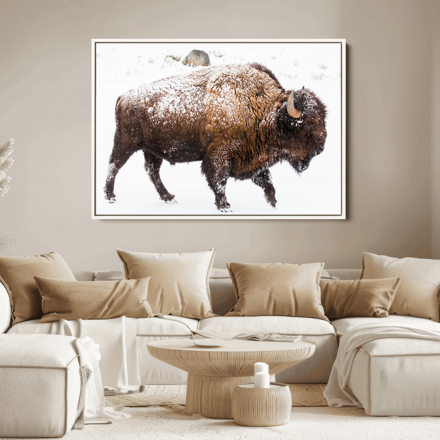 Side profile of a powerful bison walking through deep snow, with frost-covered fur and a white winter background, perfect for rustic and western decor.