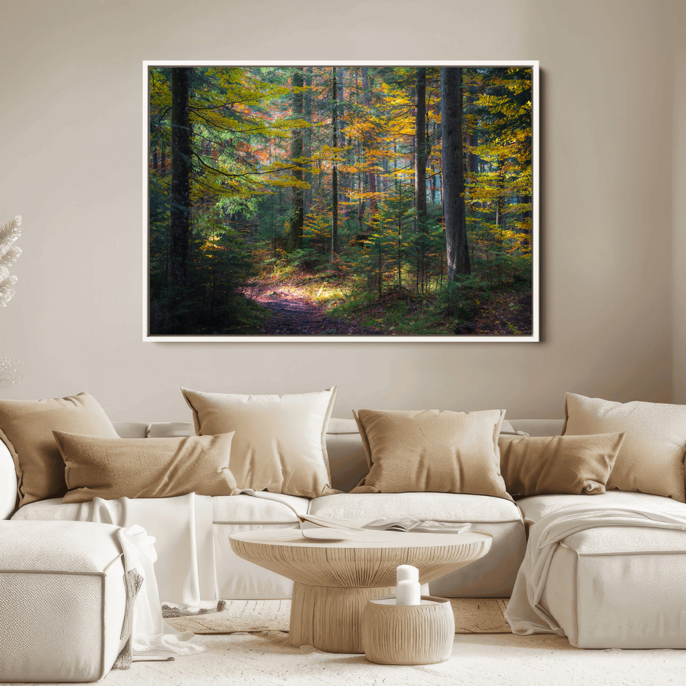 A serene autumn forest with golden and green leaves, a misty atmosphere, and a sunlit pathway, creating a tranquil nature-inspired wall art piece.