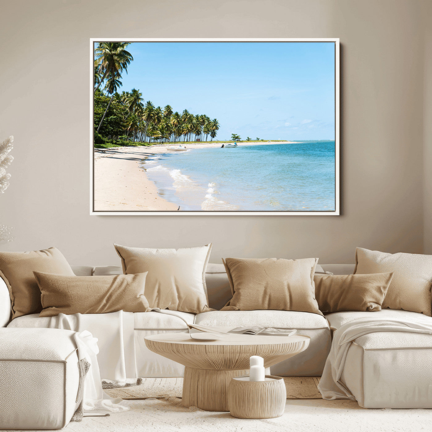 A serene tropical beach with clear blue water, soft sand, and lush palm trees under a bright sky, creating a peaceful island paradise atmosphere.