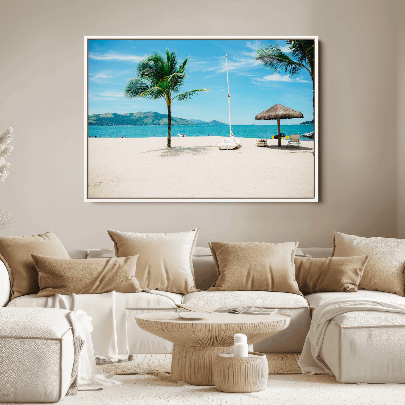 Tropical beach scene with palm trees, a white sailboat, and turquoise ocean waters under a bright blue sky, creating a peaceful summer vibe.