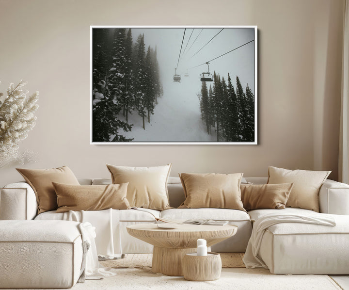 Ski Lift Wall Art Canvas Print, Framed Snowy Pines Art Picture Print, Misty Landscape Perfect Winter Serenity Decor Artwork