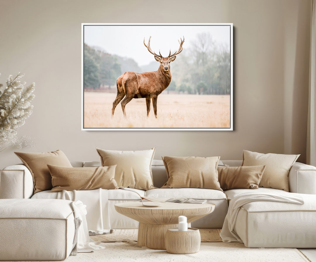 Vintage Wildlife Canvas Print, Framed Misty Landscape Art Picture Print, Deer Wall Art Perfect Rustic Wildlife Decor Artwork
