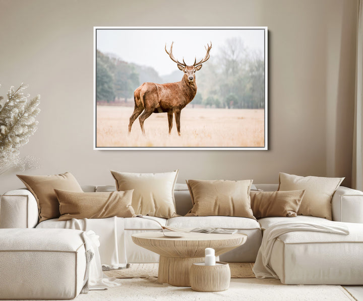 Vintage Wildlife Canvas Print, Framed Misty Landscape Art Picture Print, Deer Wall Art Perfect Rustic Wildlife Decor Artwork