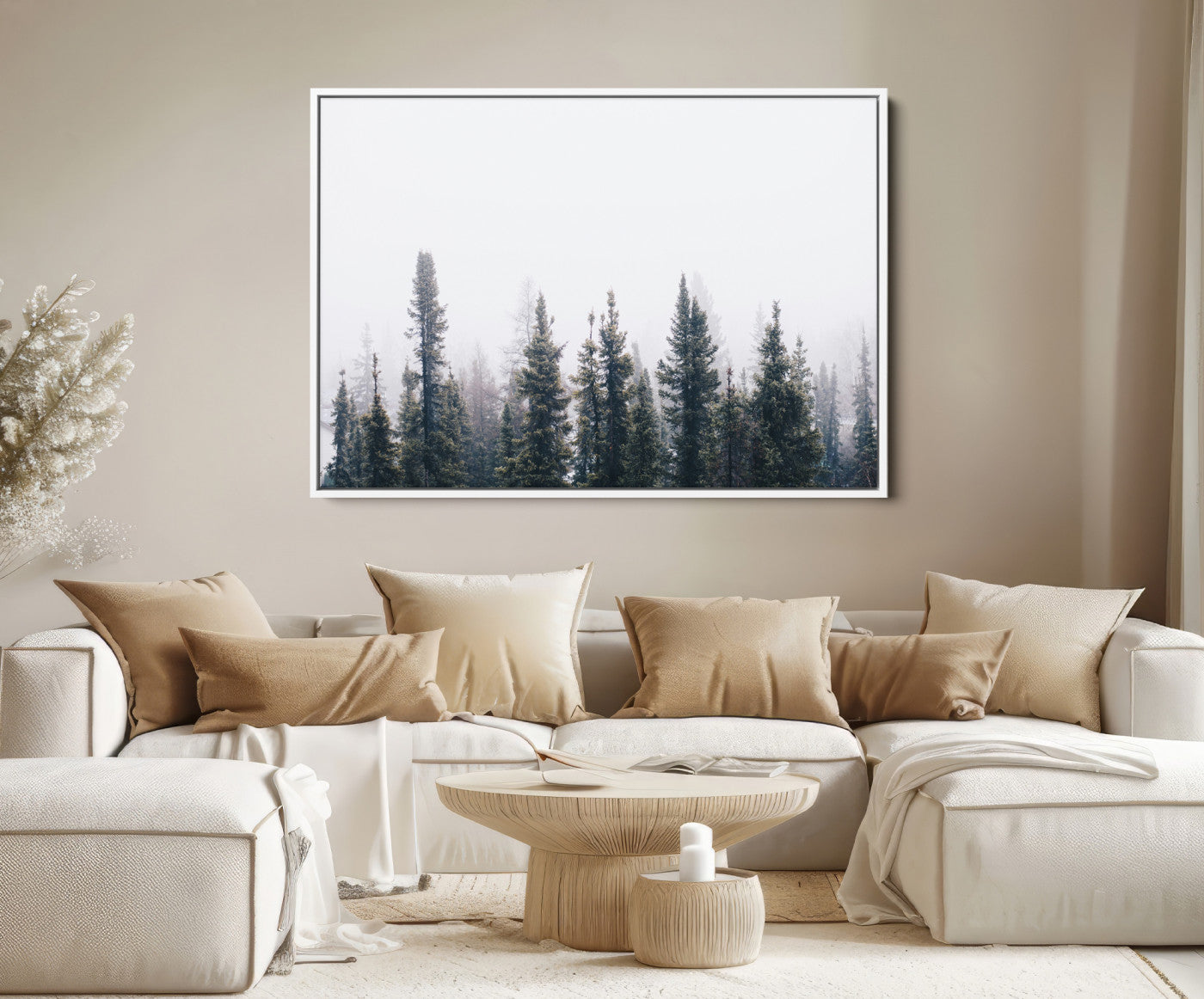 42364796-MGV-FC-36X24_White-Foggy Forest Wall Art Canvas Print, Framed Misty Pines Art Picture Print, Moody Woodland Perfect Scandinavian Minimalist Decor Artwork