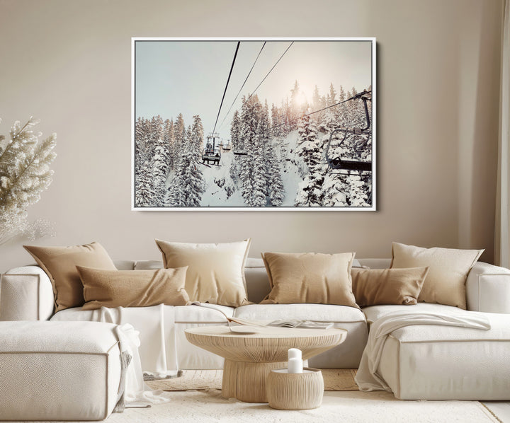 Frosty Pines Wall Art Canvas Print, Framed Cozy Cabin View Art Picture Print, Ski Lift Ride Perfect Rustic Lodge Decor Artwork