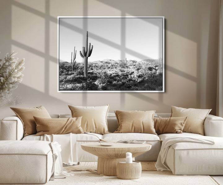 Saguaro Cactus Canvas Print Wall Art , Monochrome Landscape Print, Framed Scenic Arizona Art Print, Large Timeless Western Aesthetic