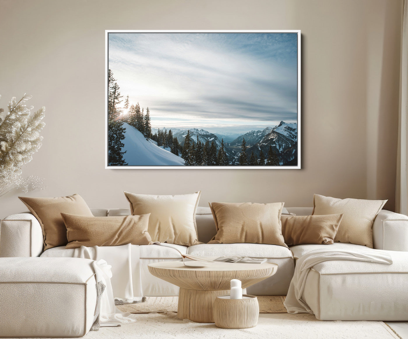 55564749-MGV-FC-36X24-Snowy Mountains Wall Art Canvas Print, Framed Alpine Landscape Art Picture Print, Frosty Peaks Perfect Nordic Minimalist Decor Artwork