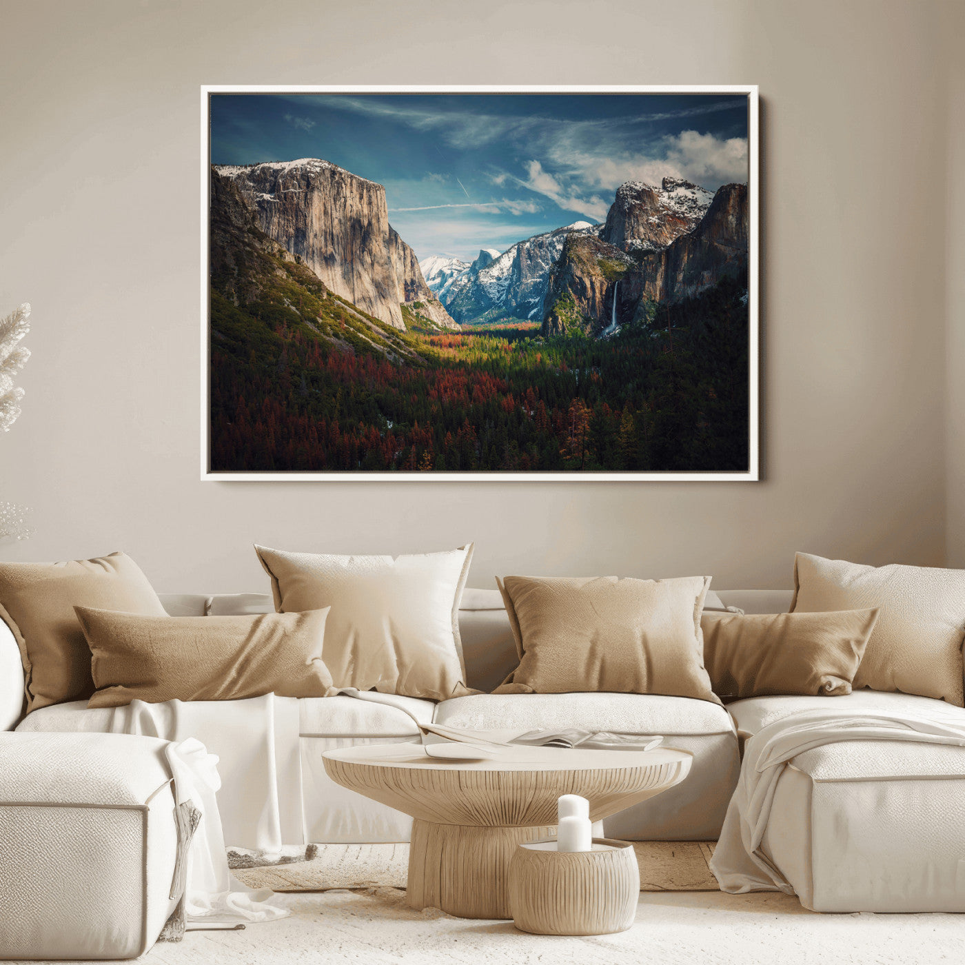 Framed canvas print of Yosemite National Park, featuring El Capitan and a scenic waterfall, ideal for rustic farmhouse or adventure-themed home decor.
