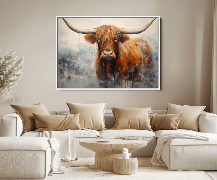 Scottish Highland Wall Art Canvas Print, Framed Longhorn Art Picture Print, Western Cow Perfect Farmhouse Decor Artwork