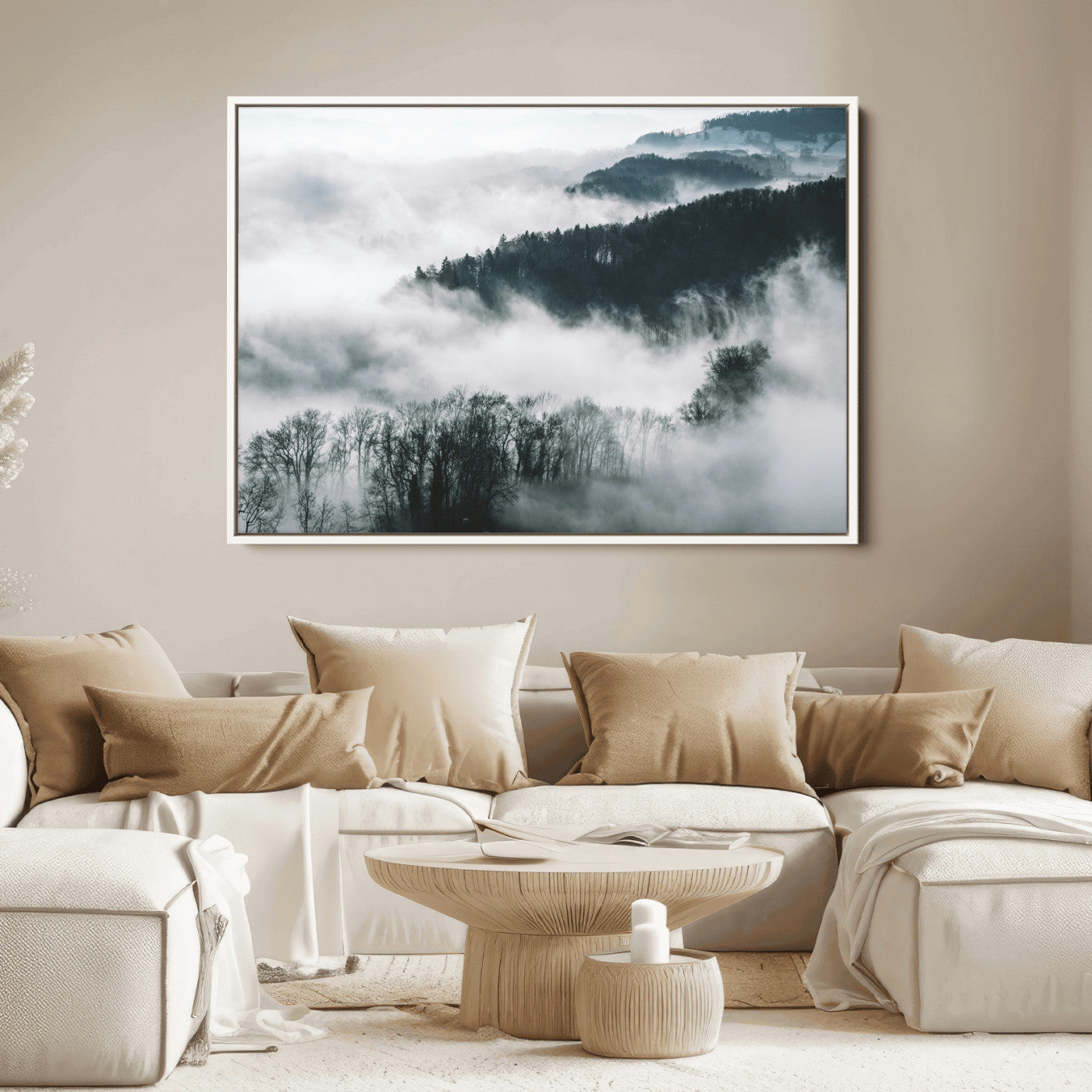 67569654-MGV-FC-36X24_White-Foggy Forest Landscape Wall Art Canvas Print – Misty Mountain Valley Scene in Monochrome Tones, Perfect for Minimalist or Nordic Home Decor