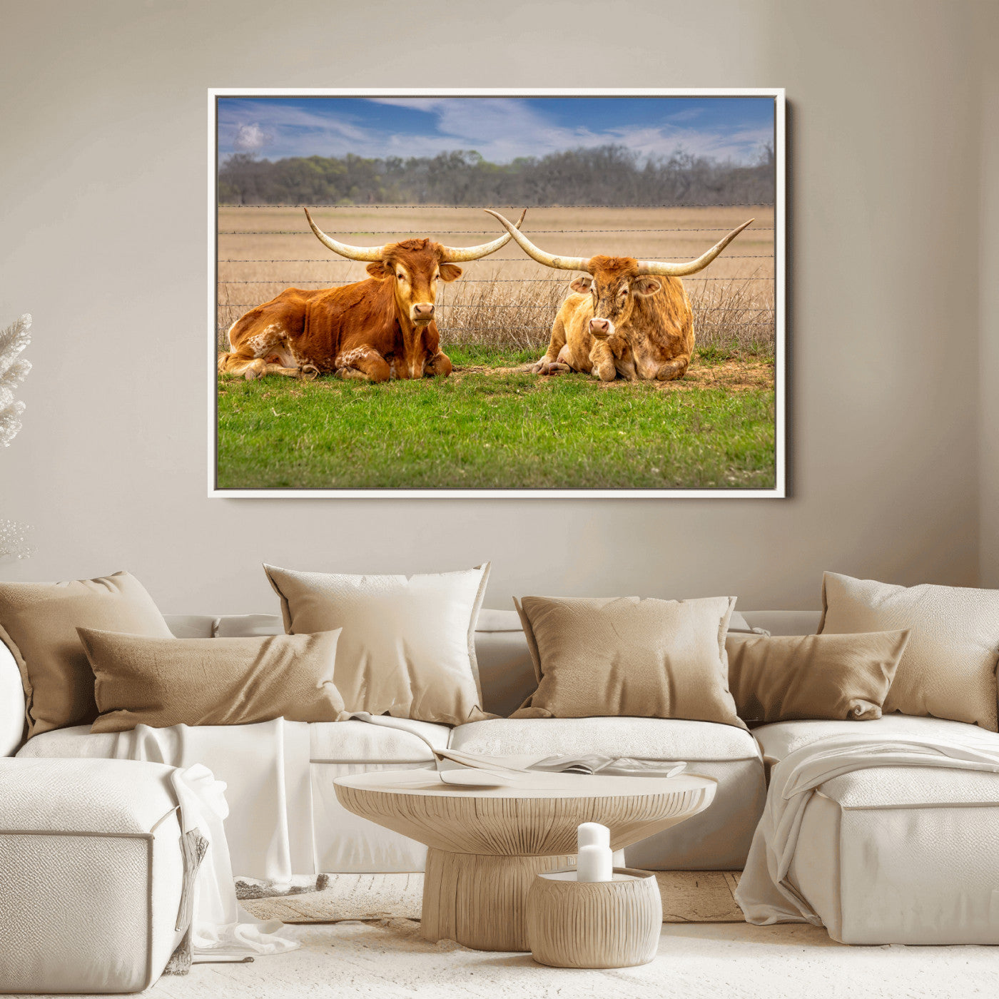 54598515-MGV-FC-36X24_White-Texas Longhorn Pair Wall Art Canvas Print – Peaceful Rustic Ranch Scene with Two Cattle in Field, Perfect for Western Farmhouse Home Decor