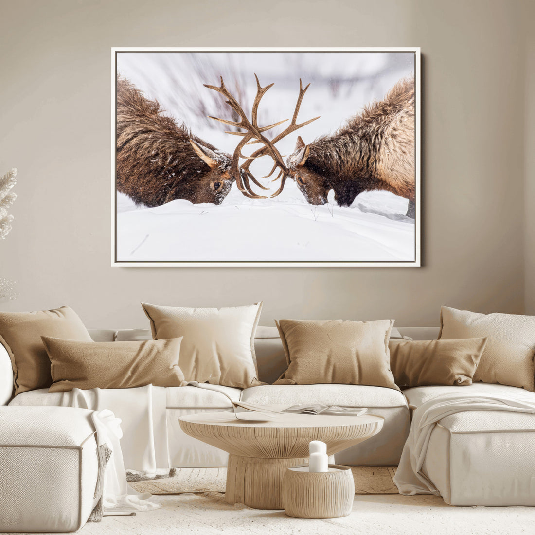 Dramatic Elk Antler Battle Wall Art Canvas Print, Snowy Wildlife Scene