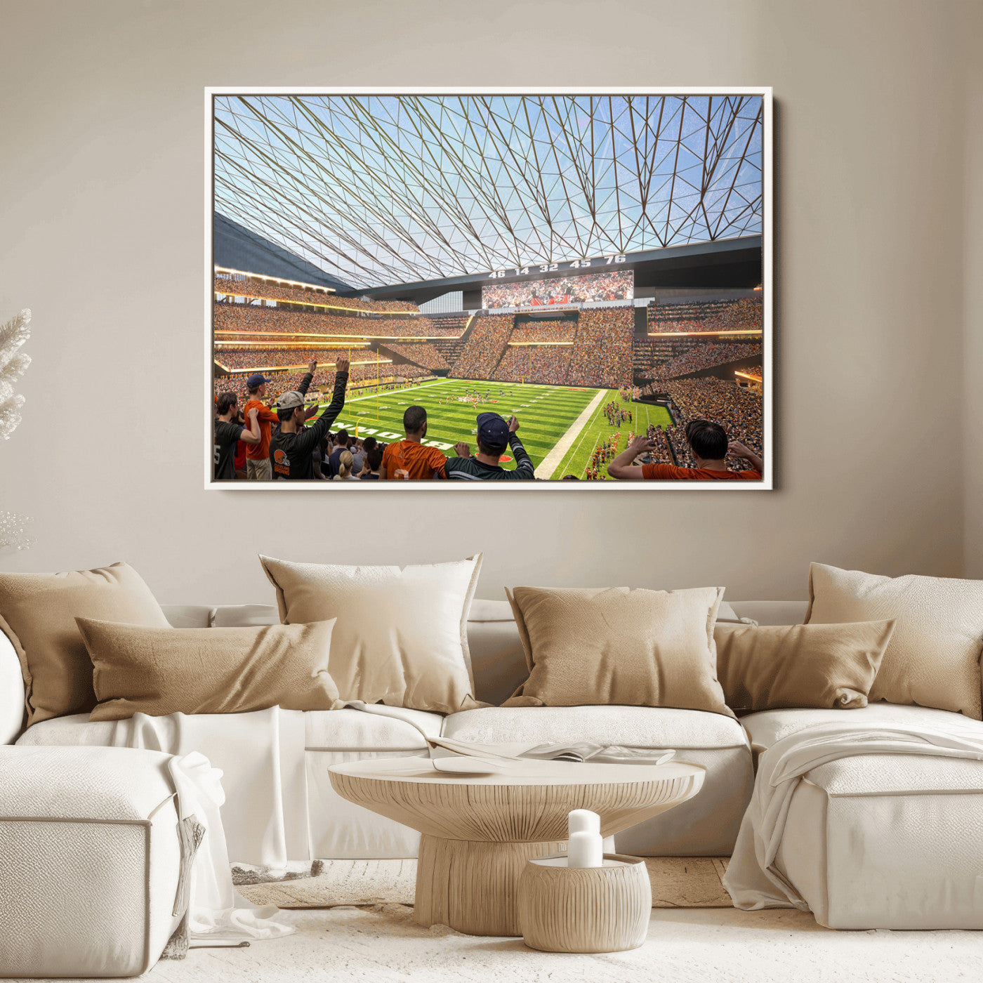 81960112-MGV-CV-36X24-Cleveland Browns Stadium Wall Art Canvas Print – Framed Football Artwork Featuring Cleveland Skyline and Browns Stadium, Perfect for Man Cave or Game Room Decor