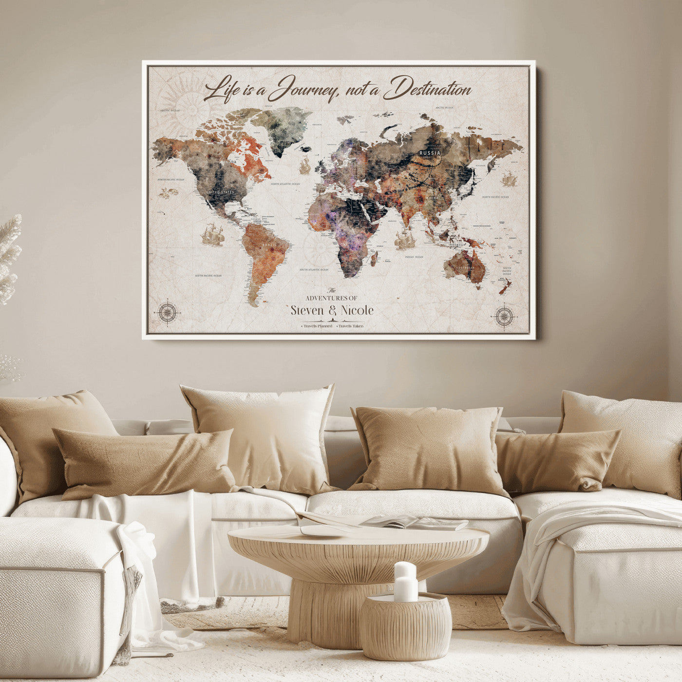 96000140-MGV-CV-36X24-Custom Push Pin World Map Wall Canvas Print – Personalized Travel Tracker with Pins – Framed Large Multi-Size Canvas for Home Office Decor